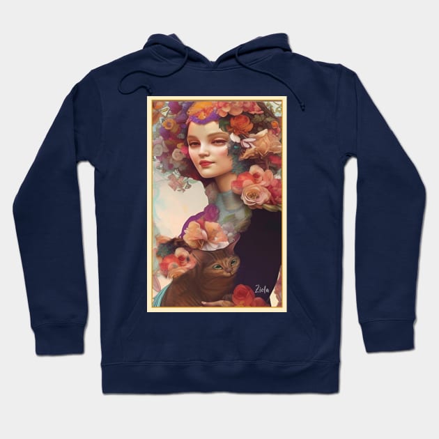 Floral art of painting of girl with cat flowers and roses Hoodie by ZiolaRosa